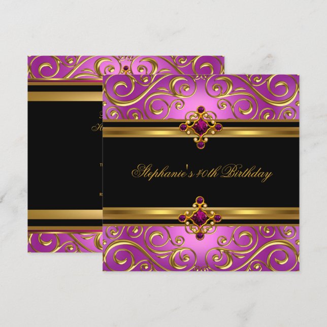 Invitation 40e fête d'anniversaire Pink Gold Black Floral (Devant / Derrière)