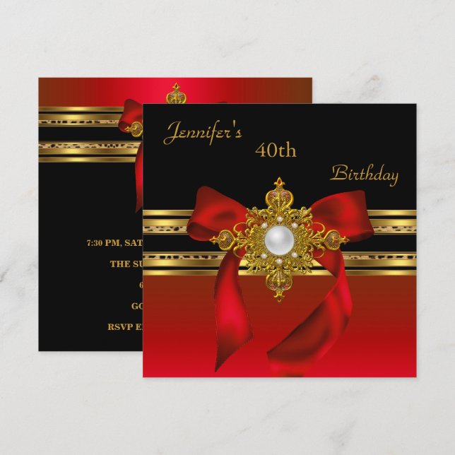 Invitation 40e fête d'anniversaire Red Gold Pearl Jewel Red B (Devant / Derrière)