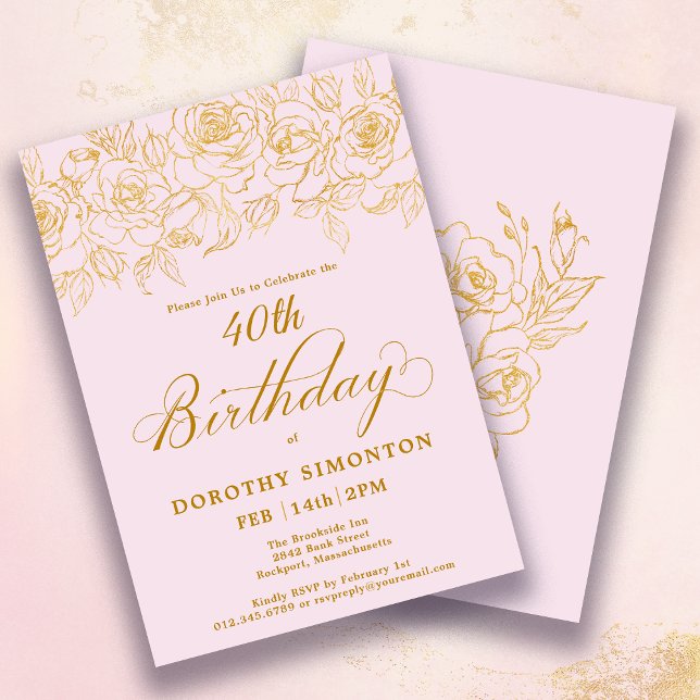 Invitation 40e fête d'anniversaire Rose d'or Floral Blush ros (Créateur téléchargé)