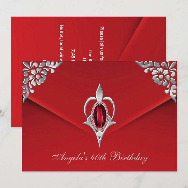 Invitation 40e fête d'anniversaire Royal Silver Red Velvet Pe (Devant / Derrière)