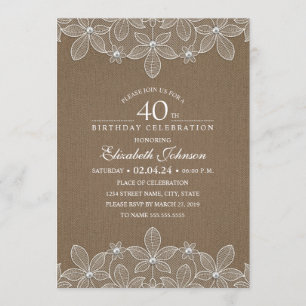 Invitation 40e fête d'anniversaire Rustic Burlap Perles et de