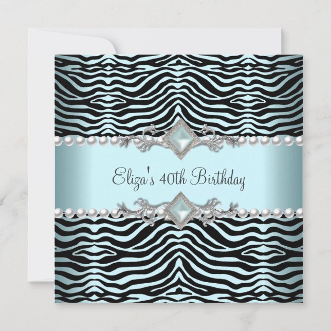 Invitation 40e fête d'anniversaire Zebra Turquoise bleu blanc (Devant)