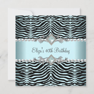 Invitation 40e fête d'anniversaire Zebra Turquoise bleu blanc