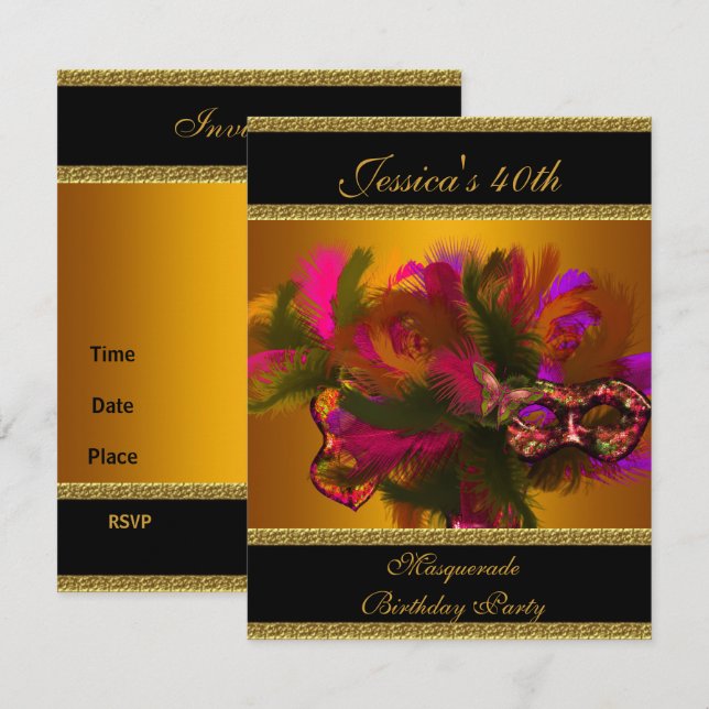 Invitation 40e Gold Black Elegant Classy Masquerade masques (Devant / Derrière)
