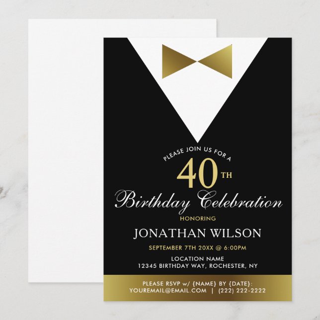 Invitation 40e Invitations, Black Gold Tuxedo Anniversaire (Devant / Derrière)