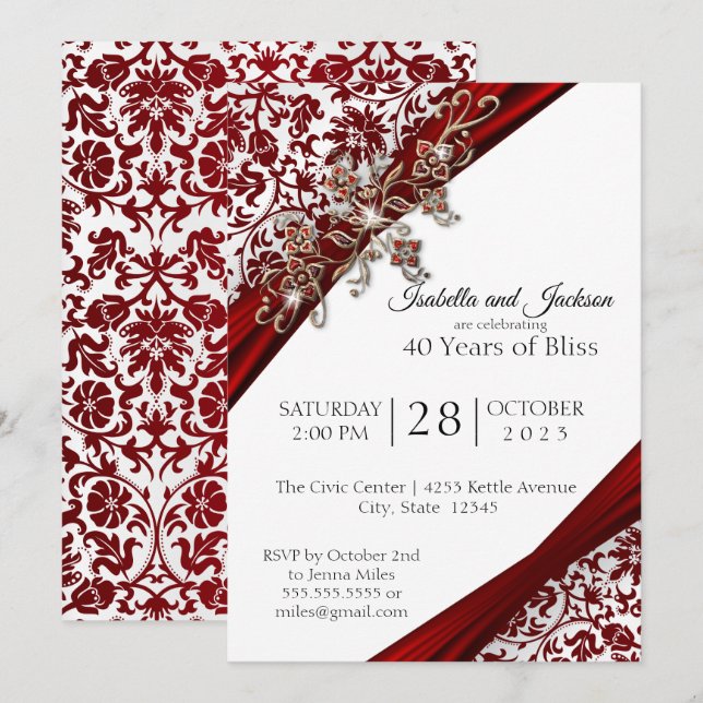 Invitation 40e modèle d'anniversaire de mariage Fleurs rubis  (Devant / Derrière)