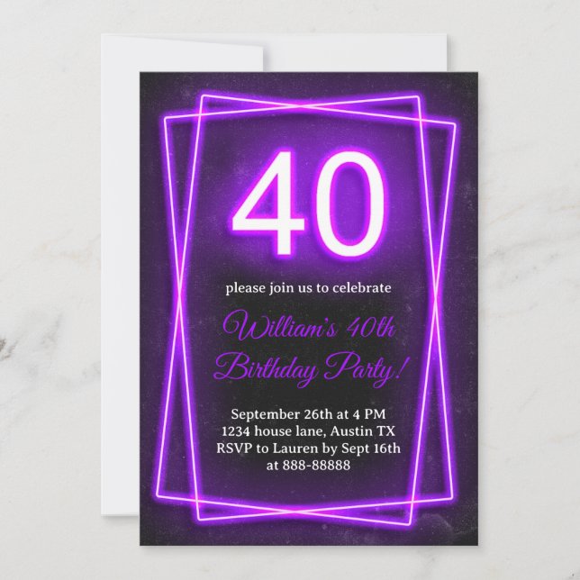 Invitation 40e Neon Lights Retro Noir Quarante Anniversaire (Devant)