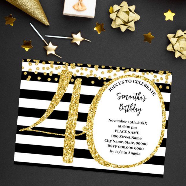 Invitation 40e Parties scintillant Black White et Gold modern (Créateur téléchargé)
