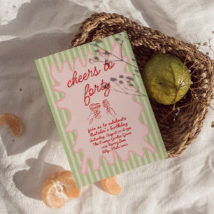 Invitation 40e Pink Drawn Stripes colorées Quarante Anniversa