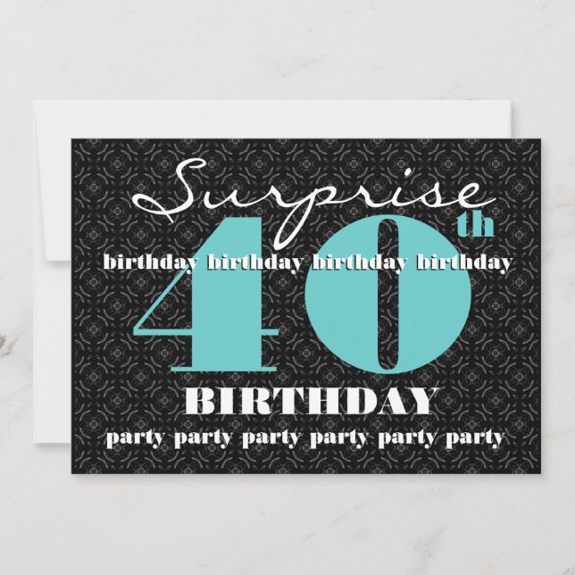 Invitation 40e SURPRISE Anniversaire Turquoise Noire W1858 (Devant)
