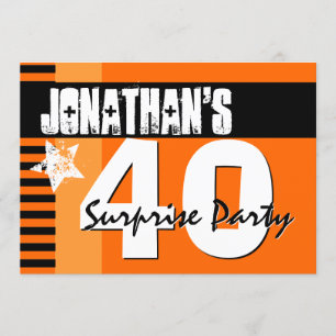 Invitation 40e SURPRISE Party Orange et Black Stripes A2
