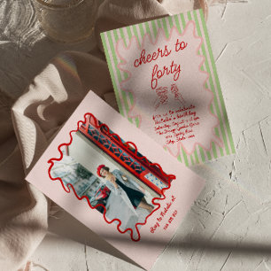 Invitation 40e tirage rose rayures colorées photo Anniversair