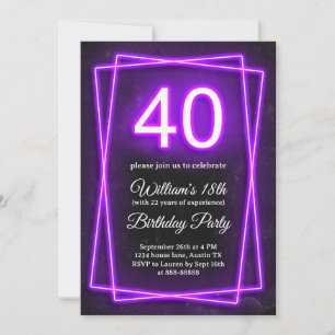 Invitation 40ème Amusant Quarante Lumières Neon Rétro Noir An