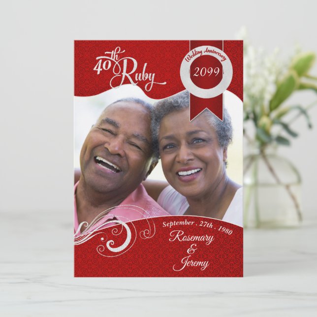 Invitation 40ème Damask photo personnalisée rouge rubis vibra (Debout devant)