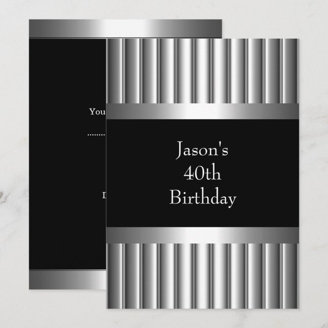 Invitation 40ème métal Chrome noir style blanc argent Mens (Devant / Derrière)
