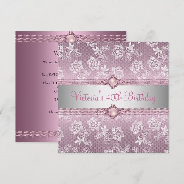 Invitation 40ème Pink White Silver Lace Floral Anniversaire (Devant / Derrière)