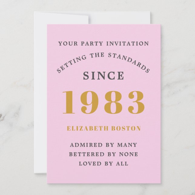 Invitation 40th Birthday 1983 Pink Grey Ajouter un nom Année (Devant)