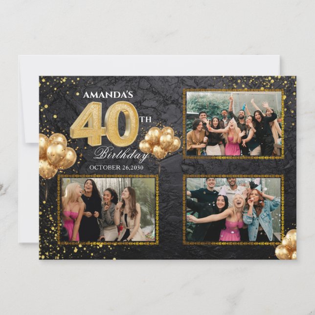 Invitation 40th Birthday Gold Silver Black Balloons (Devant)