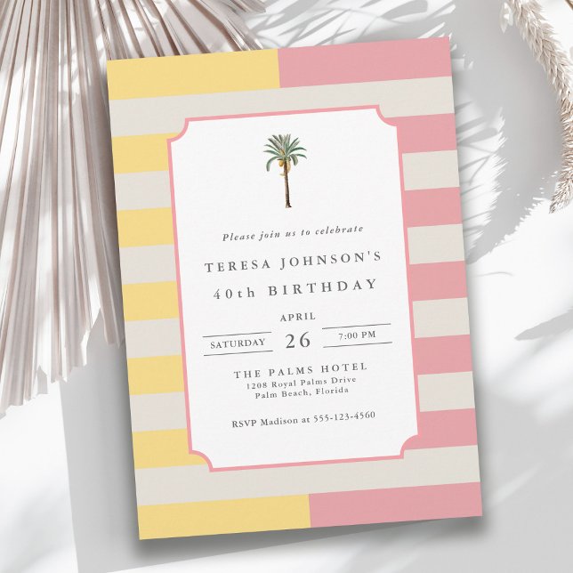 Invitation 40th Birthday Palm Beach Pastel Stripe Tropical (Available in both printed and instant download digital formats.)