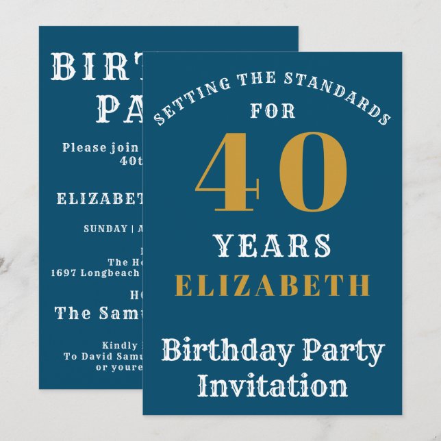 Invitation 40th Birthday Standards Blue Gold Ajouter votre no (Devant / Derrière)