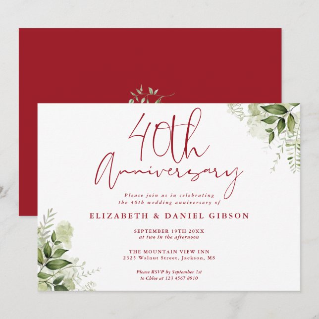 Invitation 40th Wedding Anniversary Greenery Floral (Devant / Derrière)