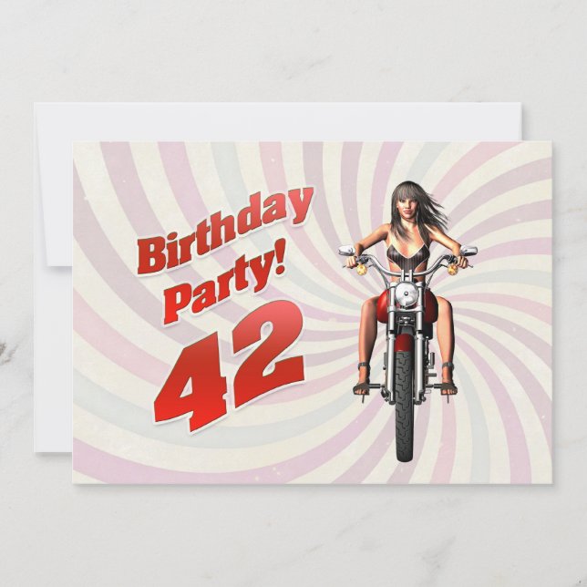 Invitation 42e anniversaire avec une fille sur une moto (Devant)