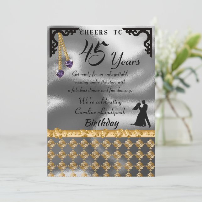 Invitation 45e Anniversaire Dance Party Silver Foil Purple He (Debout devant)