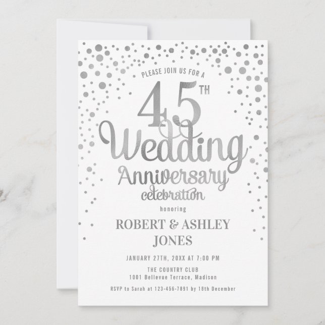 Invitation 45e anniversaire de mariage - Argent et blanc (Devant)