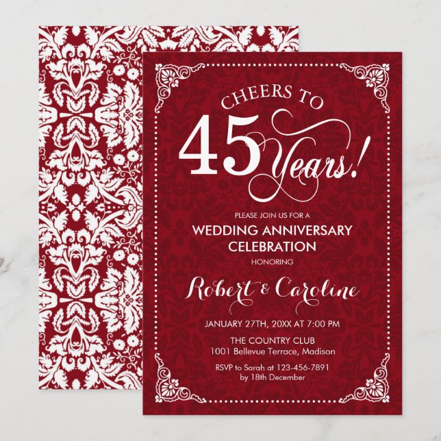 Invitation 45e anniversaire de mariage - Damask blanc rouge r (Devant / Derrière)