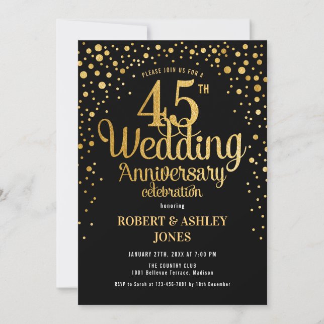 Invitation 45e anniversaire de mariage - Noir & Or (Devant)