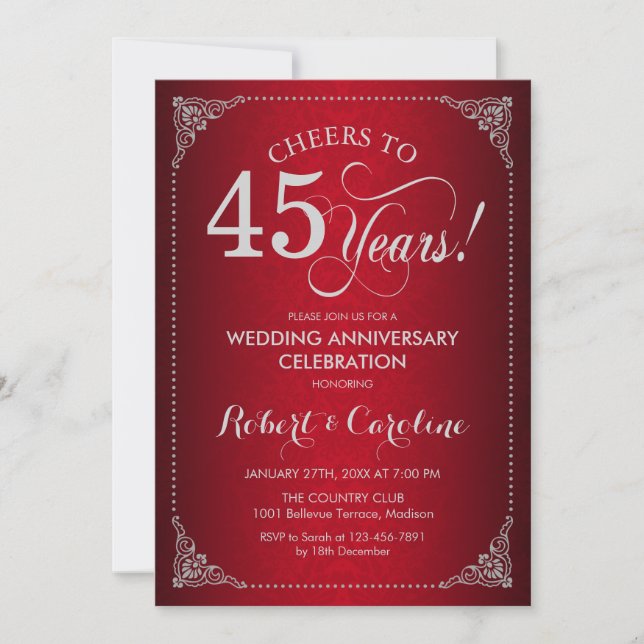 Invitation 45e anniversaire du Mariage - Damas d'argent rouge (Devant)