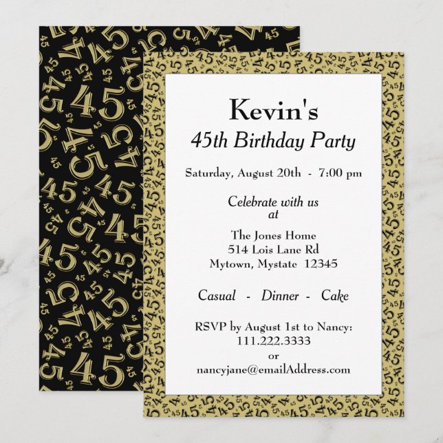 Invitation 45e anniversaire, Motif des numéros noir/or (Devant / Derrière)