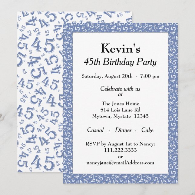 Invitation 45e anniversaire, Motif du numéro blanc bleu (Devant / Derrière)