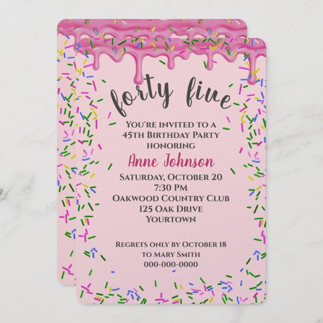 Invitation 45e Anniversaire Pink Icing Et Sprinkles (Devant / Derrière)