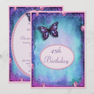 Invitation 45e Faux Pailletage, Papillon, Roses & Dentelle