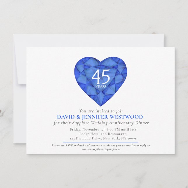 Invitation 45e Sapphire mariage Anniversaire photo du coeur (Devant)