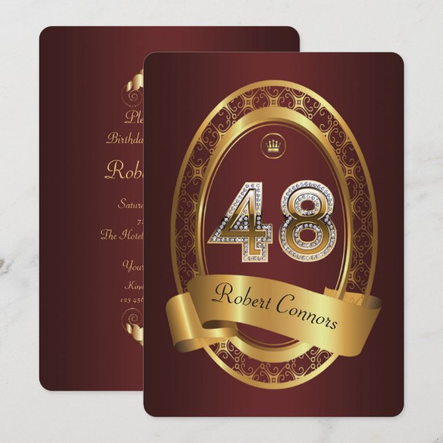Invitation 48e anniversaire, homme de fête, couleur élégante (Devant / Derrière)
