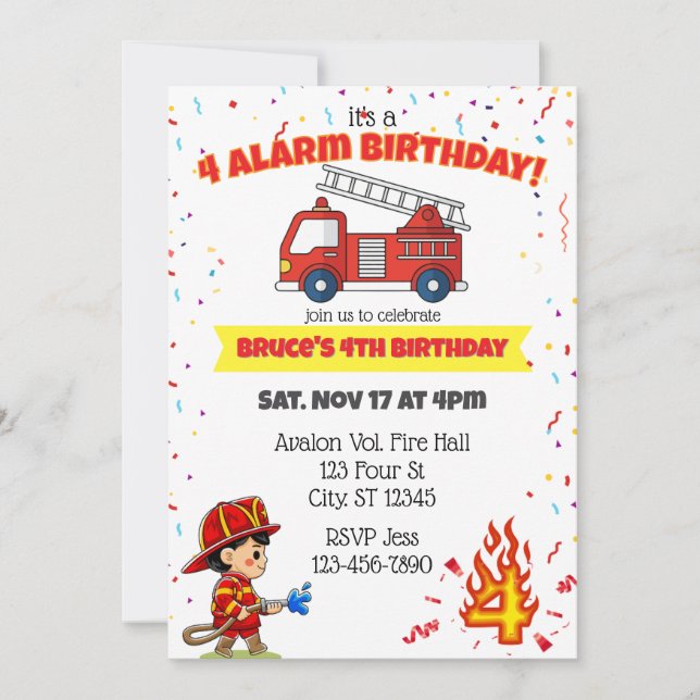 Invitation 4 Alarm Fire Fighter 4th Birthday (Devant)