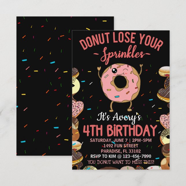 Invitation 4 Anniversaire Donut Perdre tes arroses Filles (Devant / Derrière)
