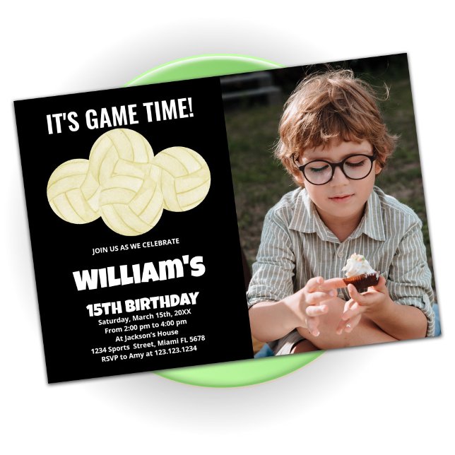 Invitation 4 balles Black Volleyball Anniversaire avec photo (Créateur téléchargé)