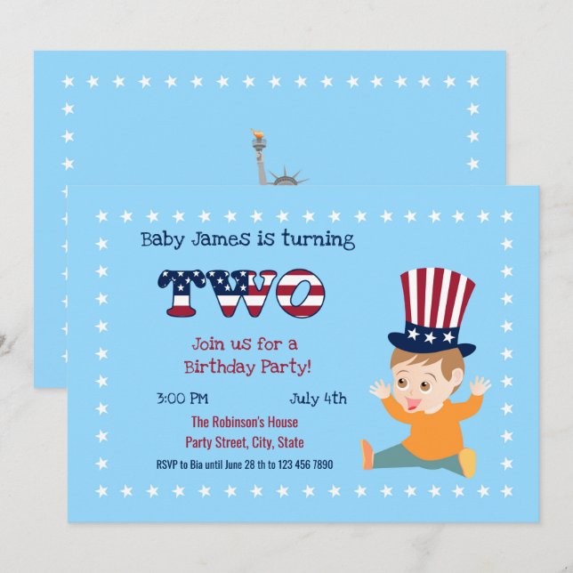 Invitation 4 Juillet 2 Anniversaire Baby Boy Party (Devant / Derrière)