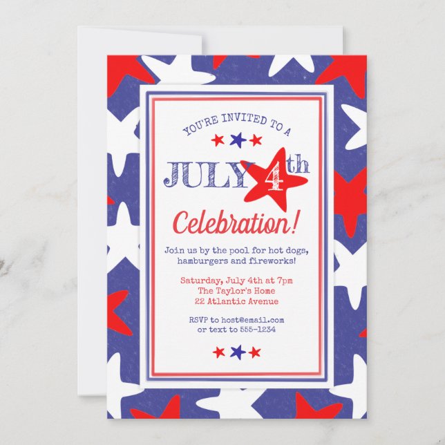 Invitation 4 juillet 4 juillet Fun Stars BBQ Party (Devant)