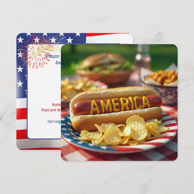 Invitation 4 juillet américain Hot Dog (Devant / Derrière)