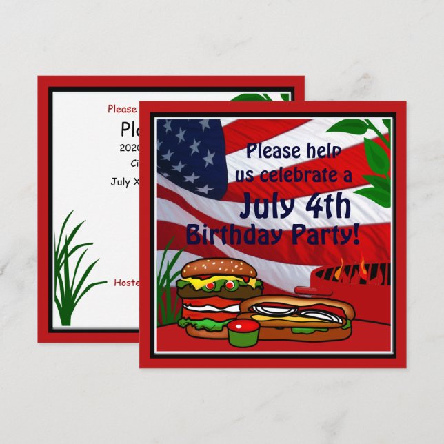 Invitation 4 juillet Anniversaire Grill Pique-nique Hamburger (Devant / Derrière)