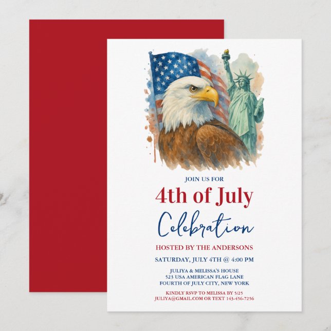 Invitation 4 juillet aquarelle Fête patriotique de l'aigle (Devant / Derrière)