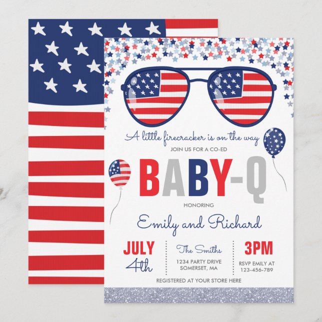 Invitation 4 juillet Baby shower Baby shower bébé-Q juillet B (Devant / Derrière)