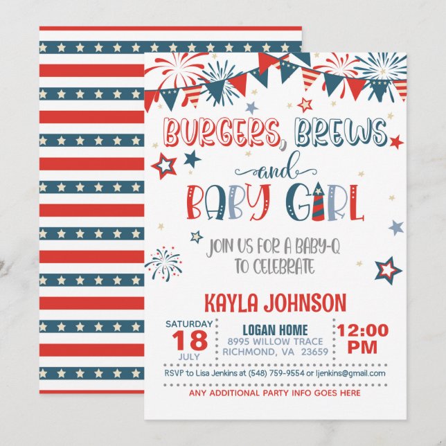 Invitation 4 juillet Baby shower Q bébé - Fille (Devant / Derrière)