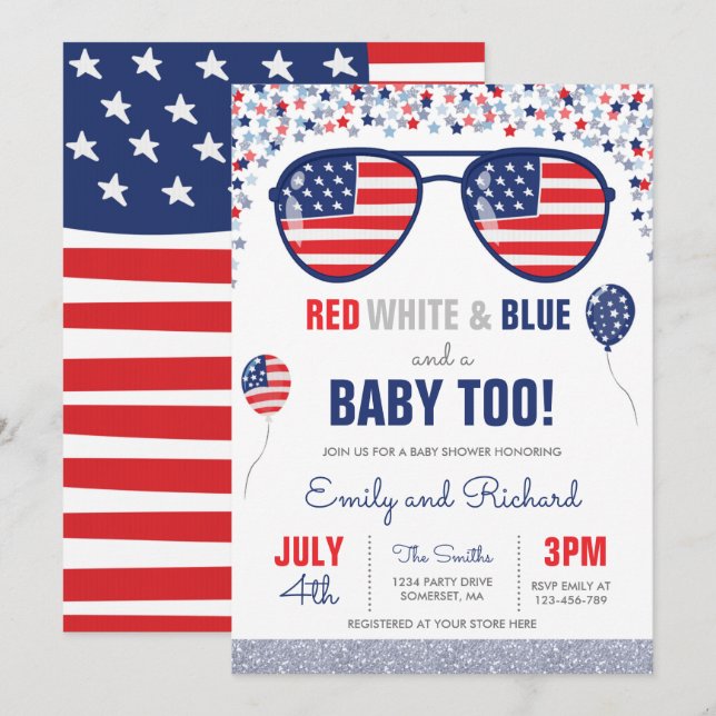 Invitation 4 juillet Baby shower rouge blanc Baby shower bleu (Devant / Derrière)
