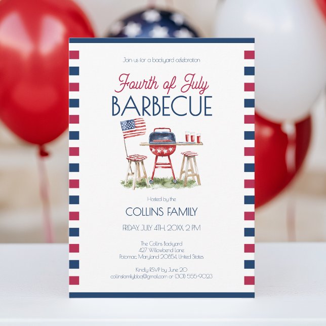Invitation 4 juillet Barbecue Aquarelle Drapeau Fête d'été (4th of July Barbecue Watercolor Flag Summer Party Invitation)