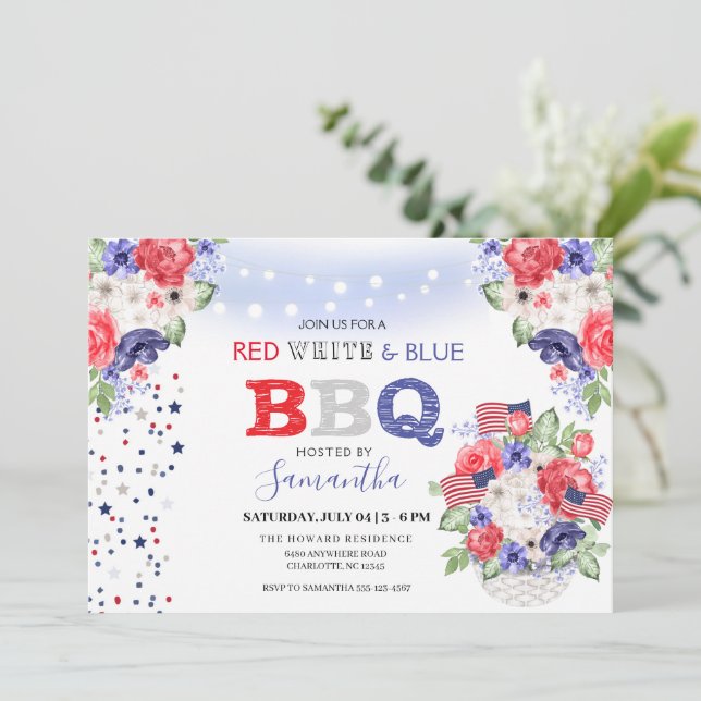 Invitation 4 juillet barbecue blanc et bleu rouge (Debout devant)